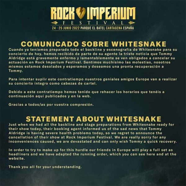 Comunicado de Rock Imperium sobre Whitesnake