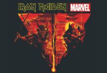 Eddie y Lobezno (Wolverine) en una camiseta Iron Maiden x Marvel