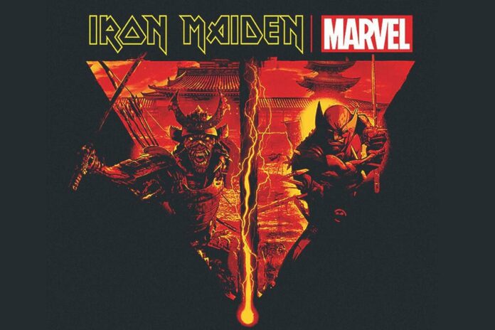 Eddie y Lobezno (Wolverine) en una camiseta Iron Maiden x Marvel