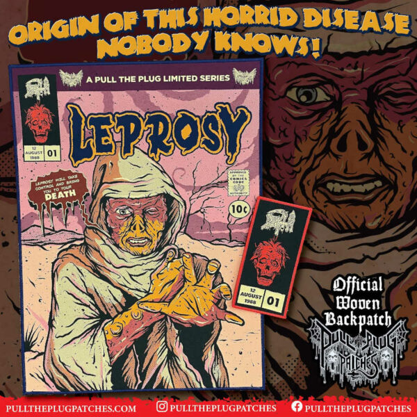 Set de espaldera y parche de DEATH "Leprosy" estilo comic book de Pull The Plug Patches
