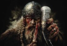 Detalle de la portada de The Allfather Awakens, disco de Amon Amarth